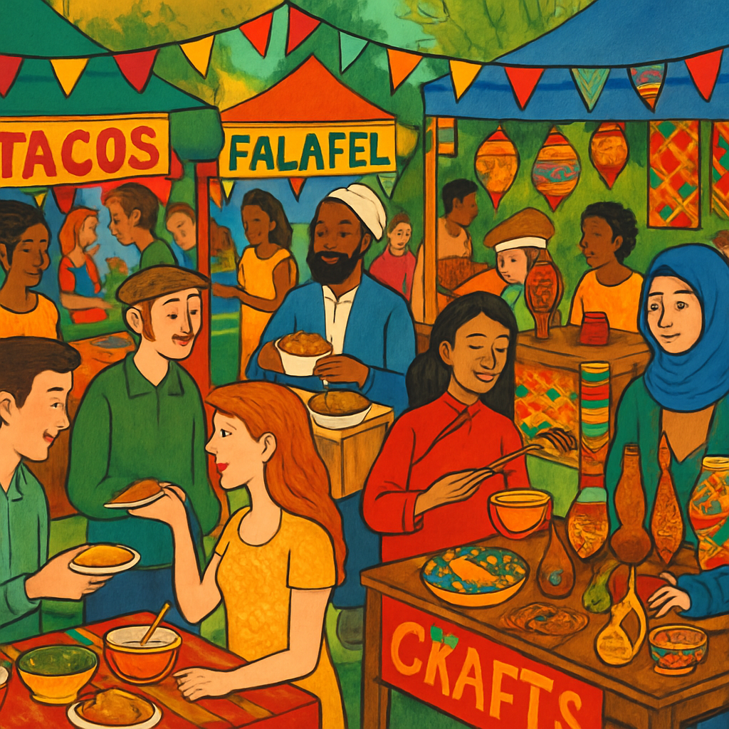 Vibrant cultural bazaar with food stalls and crafts from around the world