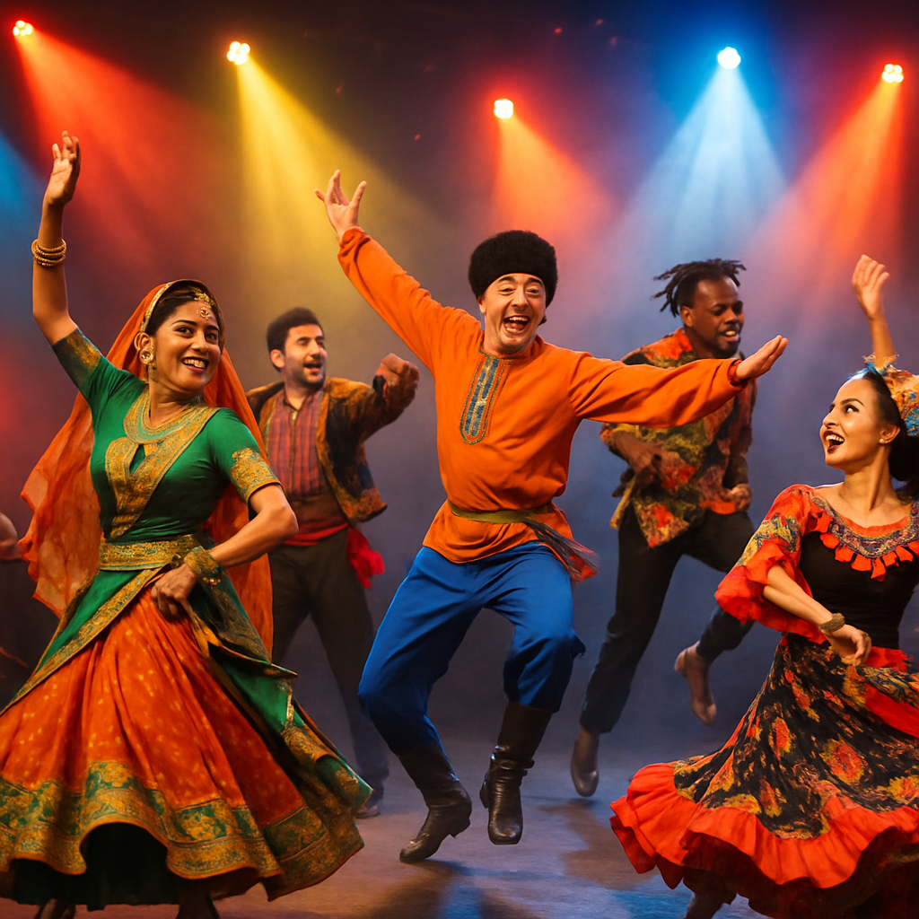 Dynamic cultural dance performance with colorful costumes