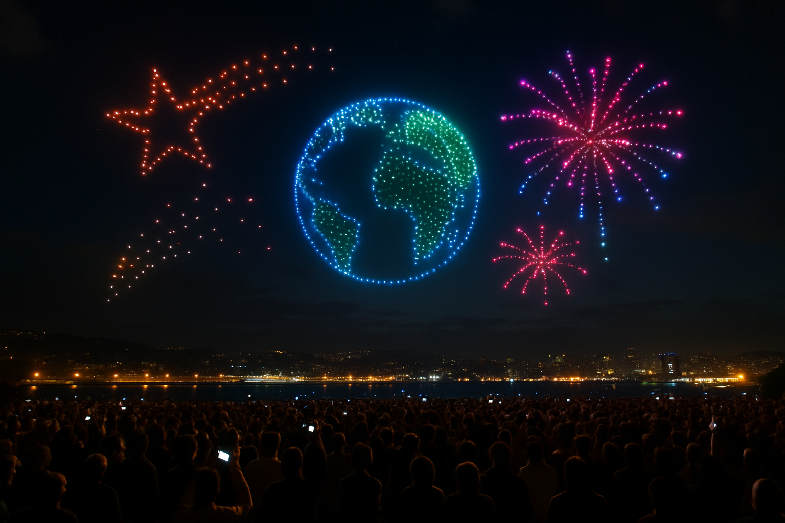 A vibrant drone show lighting up the night sky during a large public event, with crowds watching below