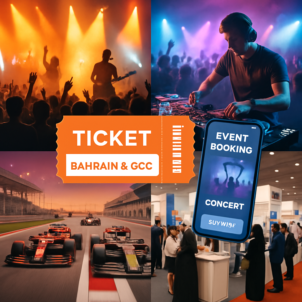 Collage of concerts, DJs, Formula 1, and expo events in Bahrain and the GCC, showing crowds, stages, tickets, and digital booking screens