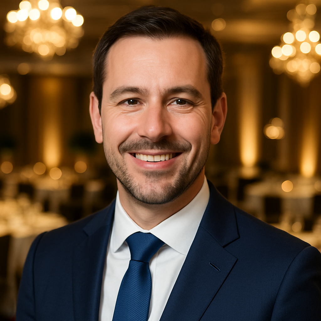 Testimonial avatar: smiling male event organizer in a suit