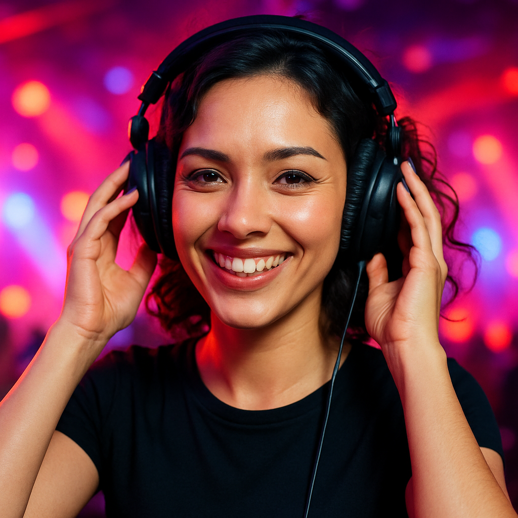 Testimonial avatar: smiling female DJ with headphones at an event