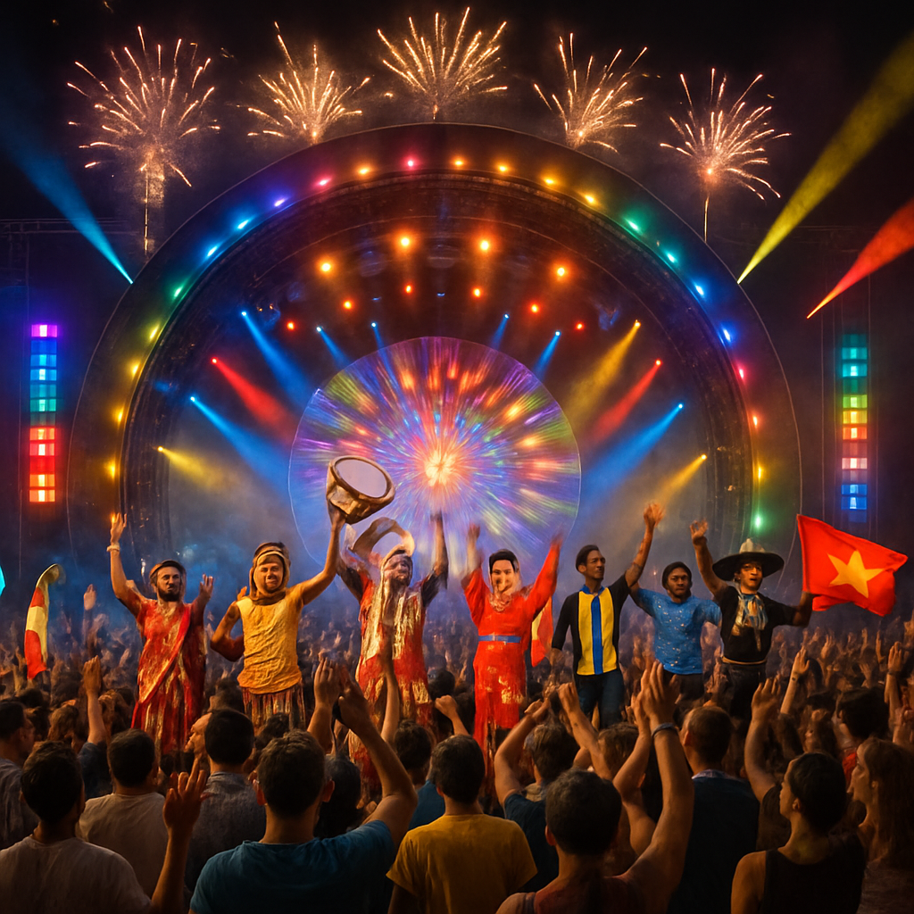 Festival stage with global crowd, vibrant lights, and cultural performers