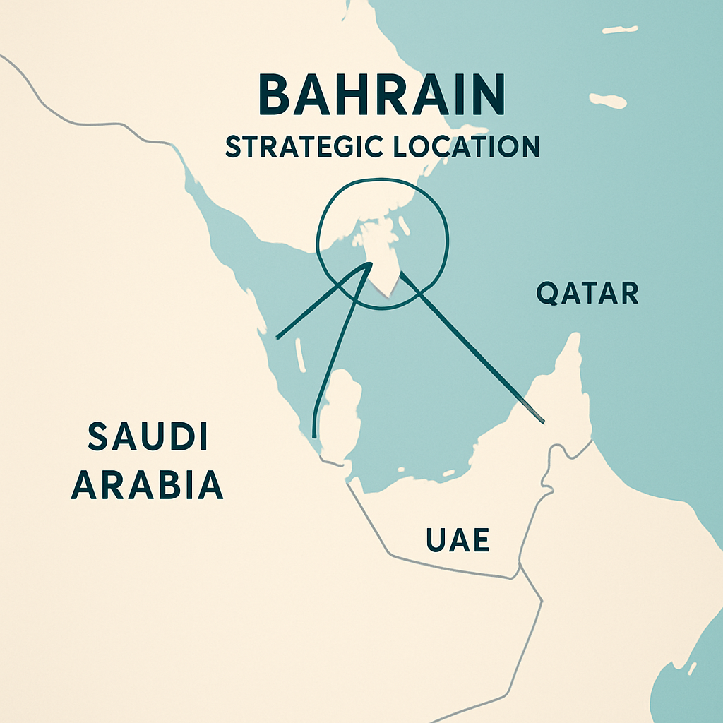 Map showing Bahrain's strategic location with lines connecting to Saudi Arabia, UAE, and Qatar