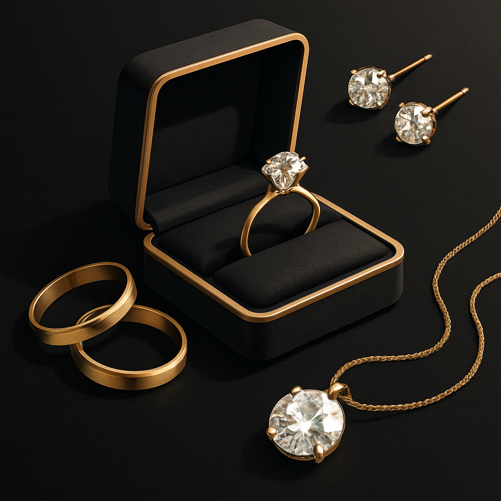 Elegant jewelry rings, gold, diamond icons