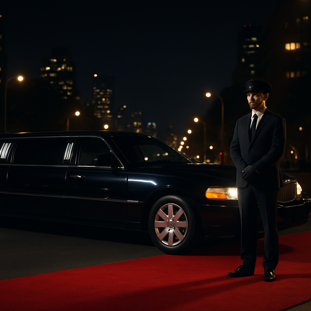 Black luxury limousine with chauffeur