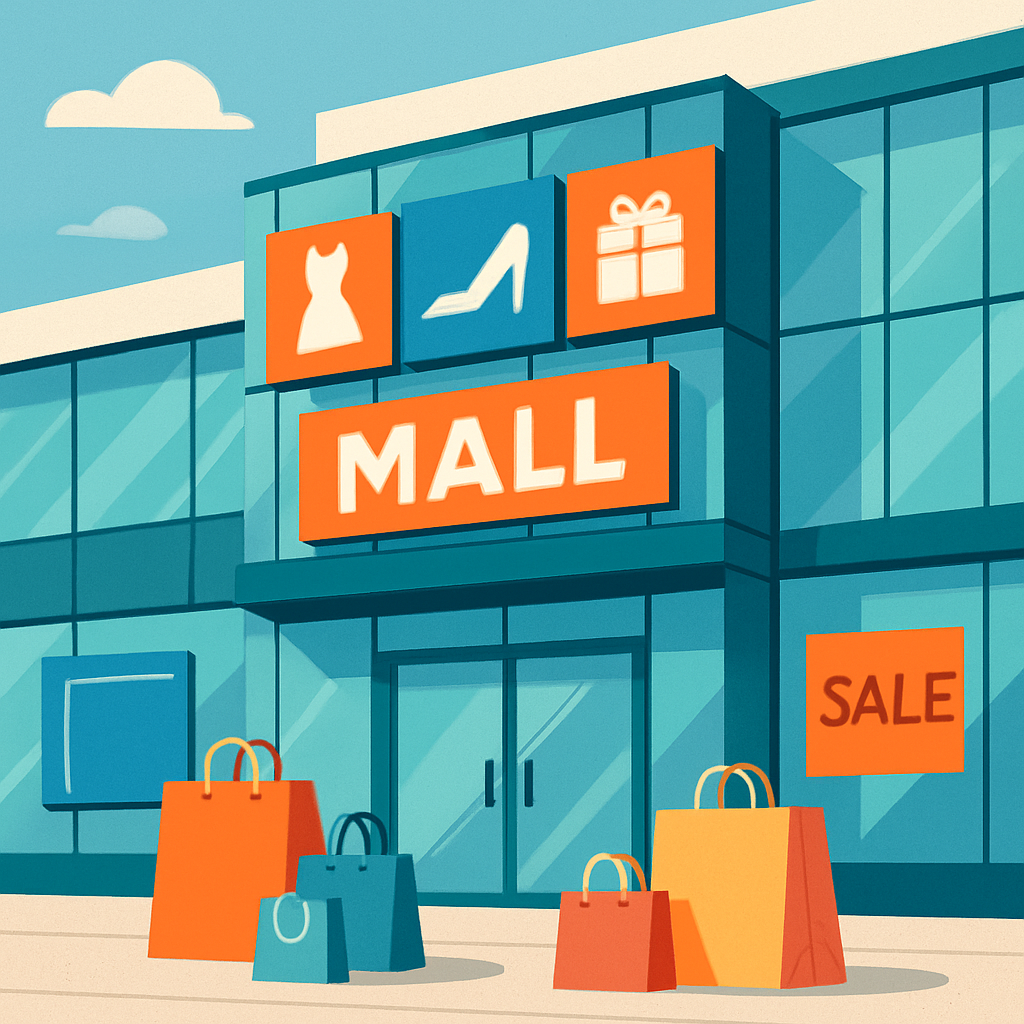 Mall exterior with shopping bags and retail icons