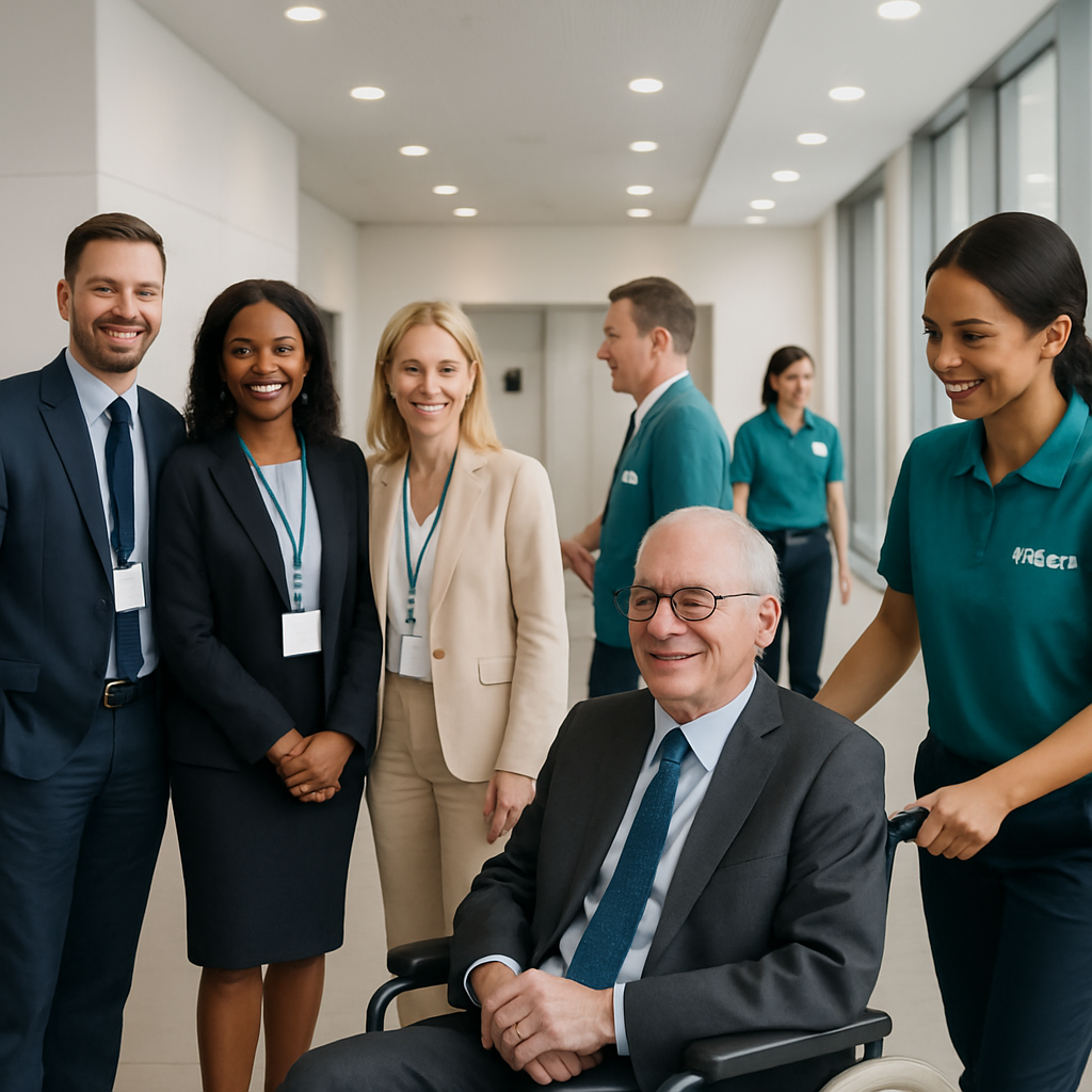 Client event photo showing Mitterand-supplied staff in action at a business venue, all in uniform and smiling, with a client manager and event guests also visible, conveying reliability and professionalism.
