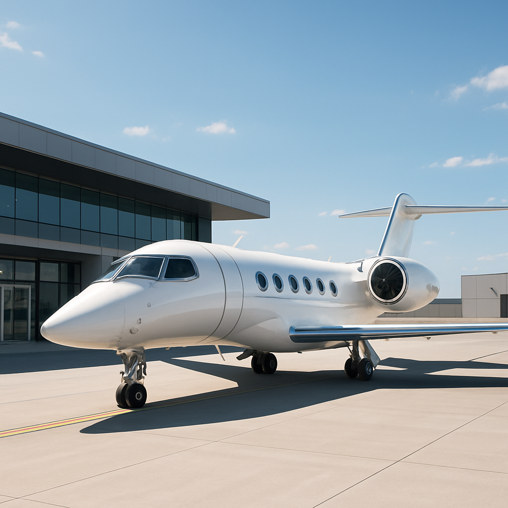Private jet ready for takeoff at an executive terminal
