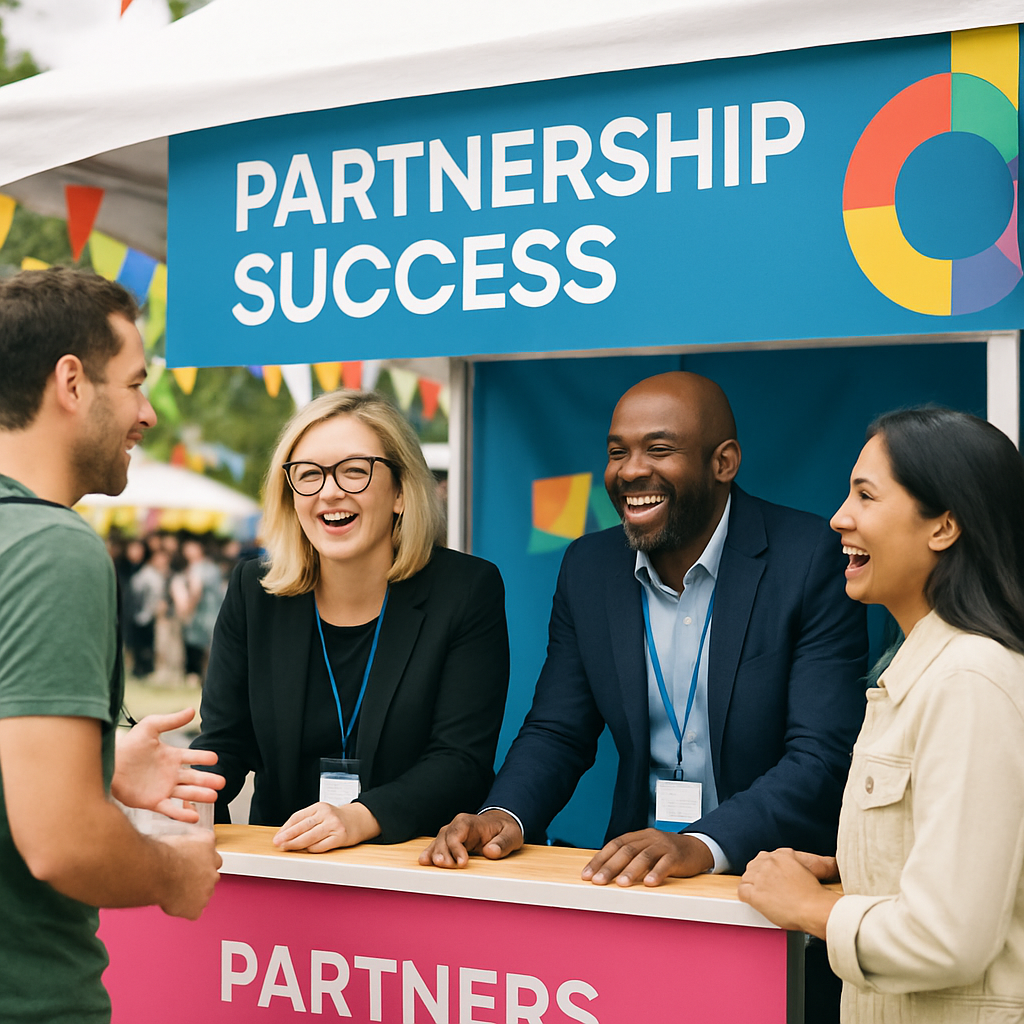 Happy executives at past festival booth, celebrating partnership success