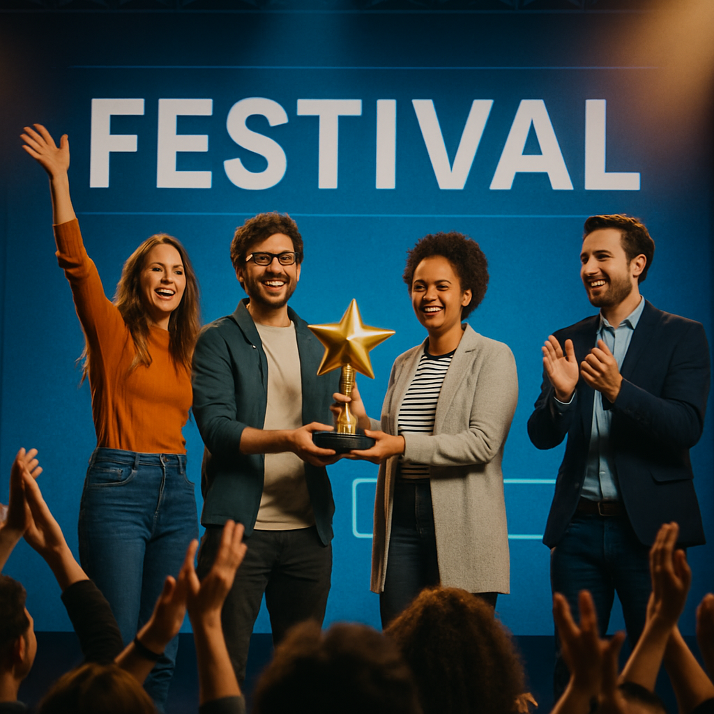 Startup team receiving award on main stage, sponsor logo visible