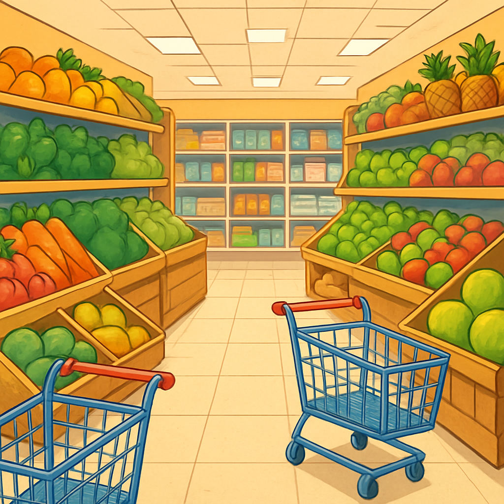 Supermarket aisle with fresh produce and trolleys