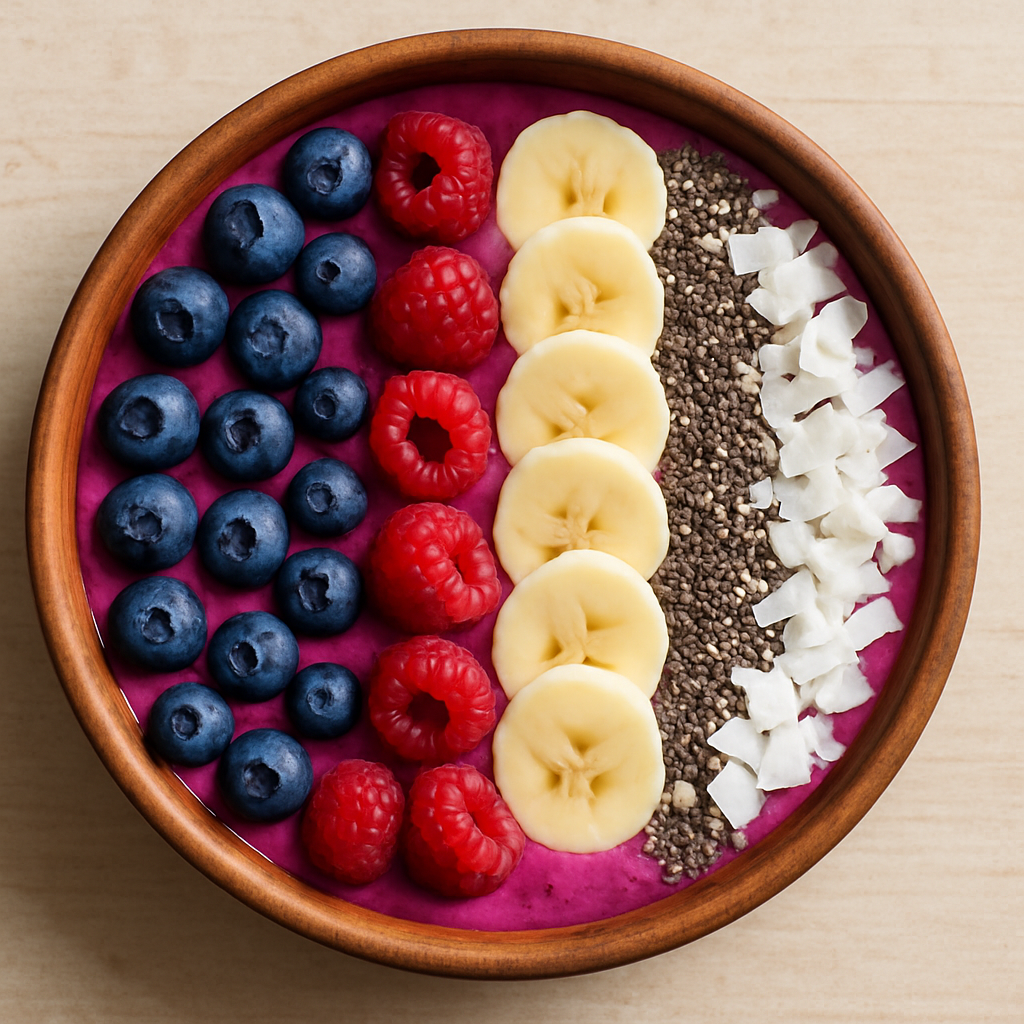 Smoothie bowl topped with fresh berries, banana slices, chia seeds, and coconut flakes