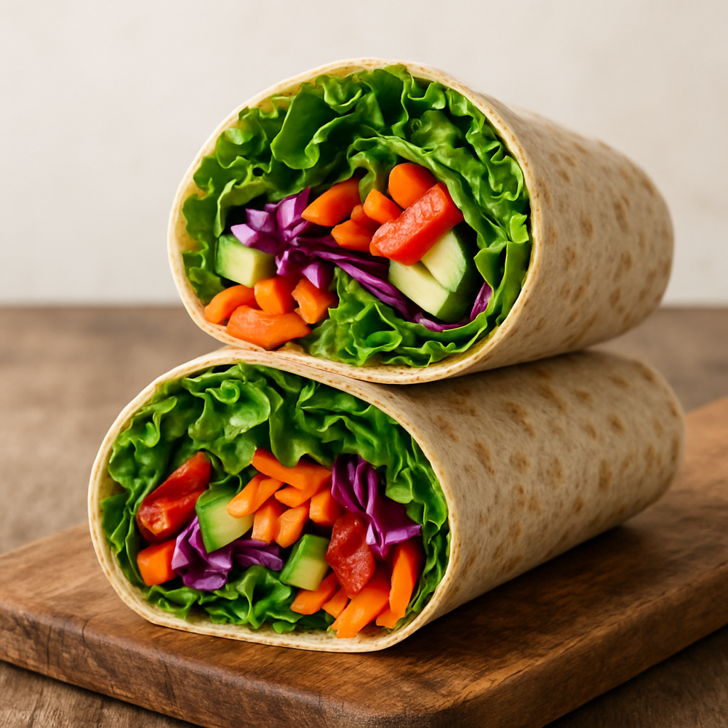 Fresh vegetable wrap filled with colorful veggies and greens, sliced in half on a wooden board
