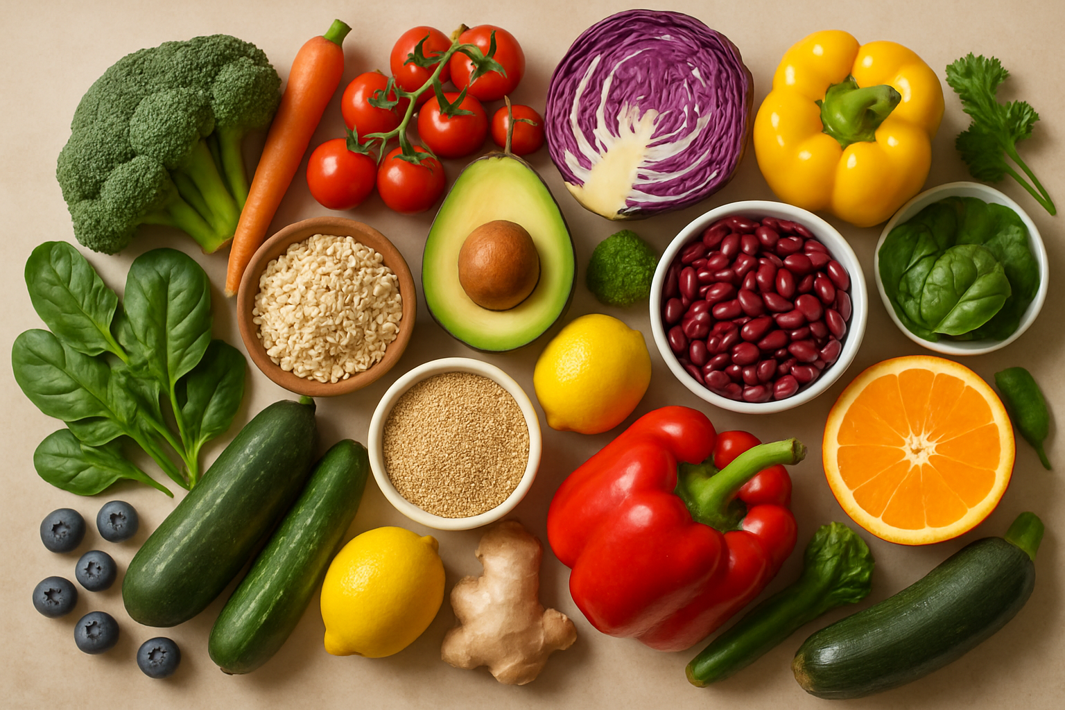 Vibrant assortment of fresh healthy foods including vegetables, fruits, and grains on a neutral background