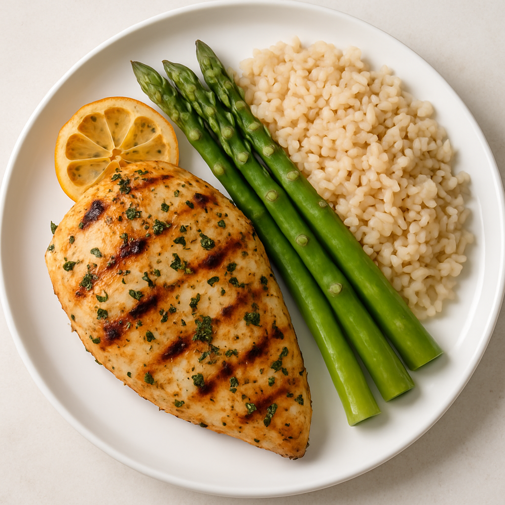 Grilled lemon herb chicken breast served with asparagus and brown rice