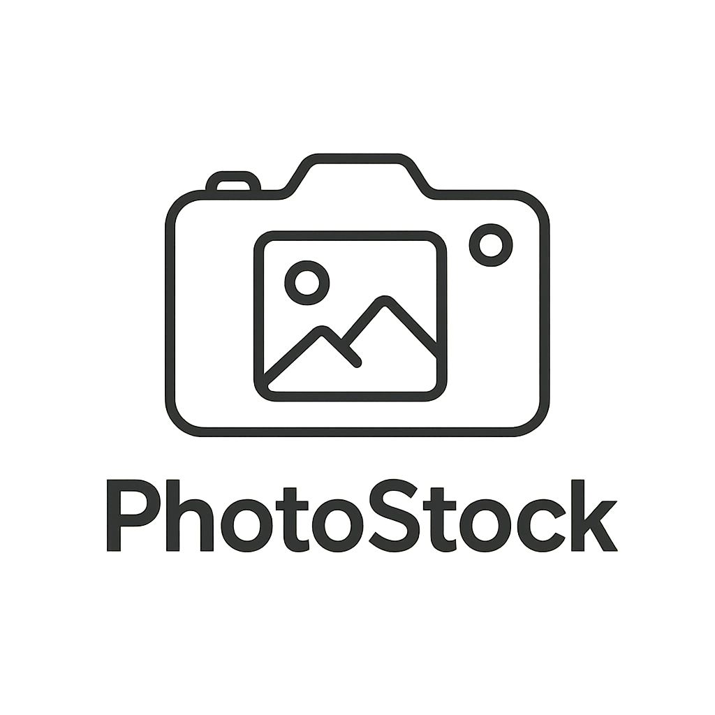 PhotoStock logo with camera and photo icon