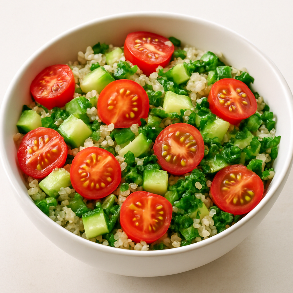 Vibrant quinoa salad with cherry tomatoes, cucumbers, and parsley in a white bowl