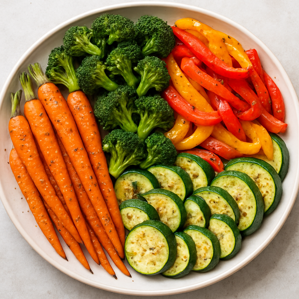 Colorful roasted vegetable platter with carrots, bell peppers, broccoli, and zucchini