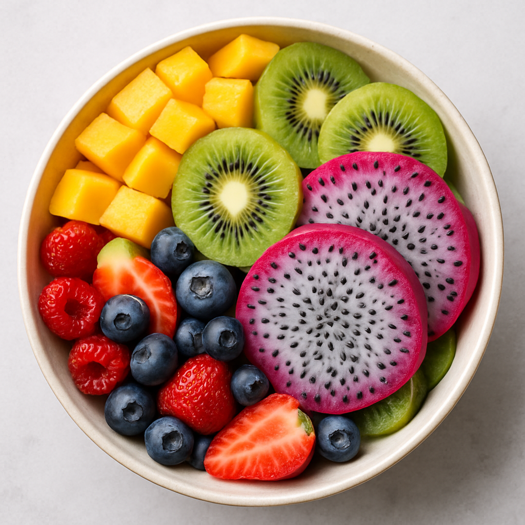 Bowl of assorted tropical fruits including mango, kiwi, berries, and dragonfruit