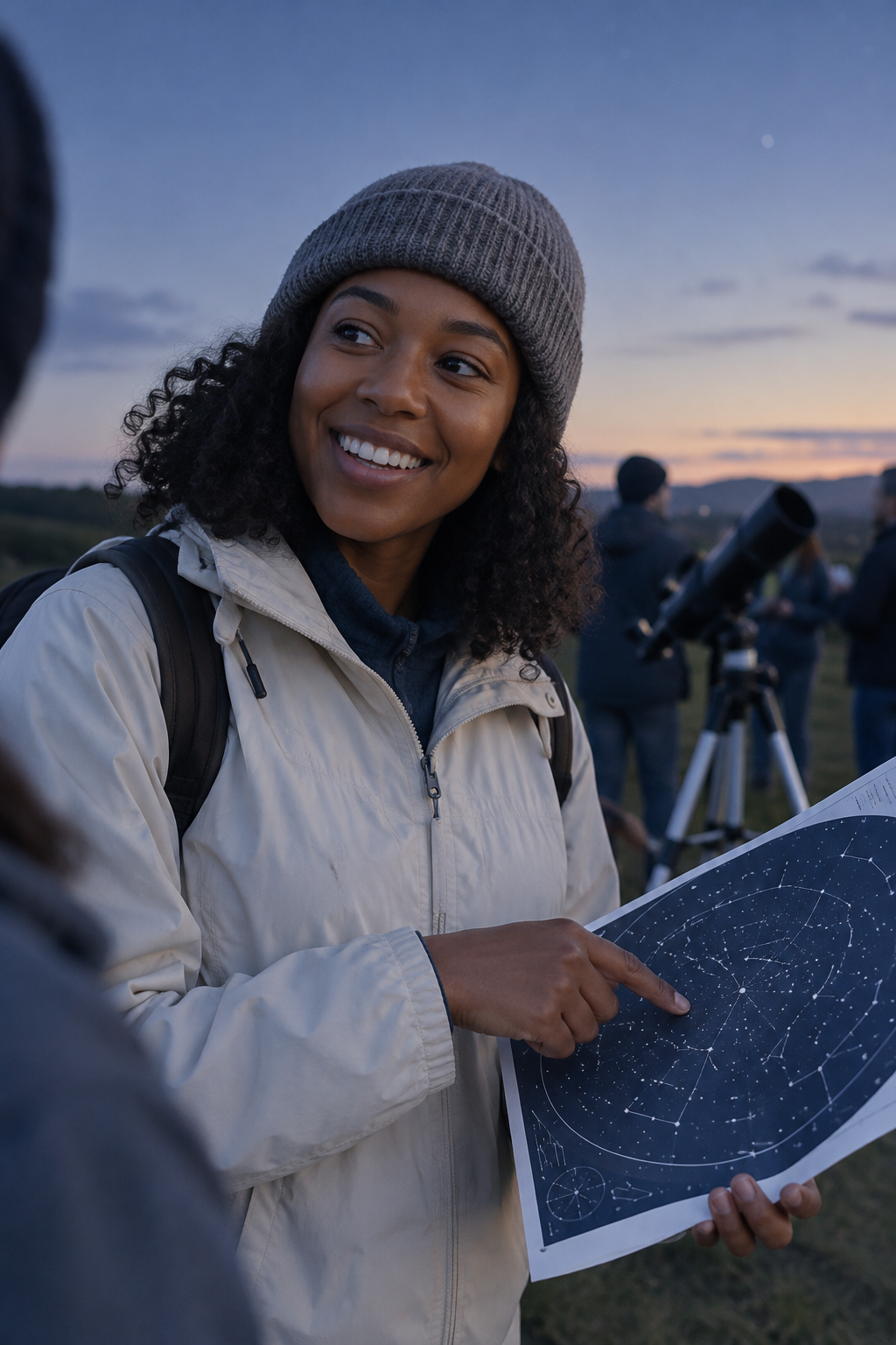 Aisha Morgan, a community volunteer in a knit beanie and light windbreaker, smiling while pointing to a constellation map under evening light