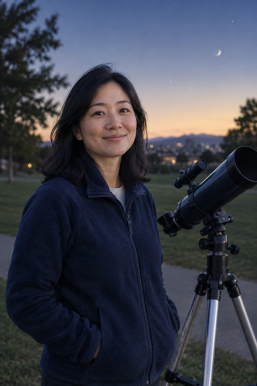 Lina Park, an everyday community astronomy volunteer in a navy fleece jacket, standing outdoors at dusk beside a tripod telescope with a calm expression