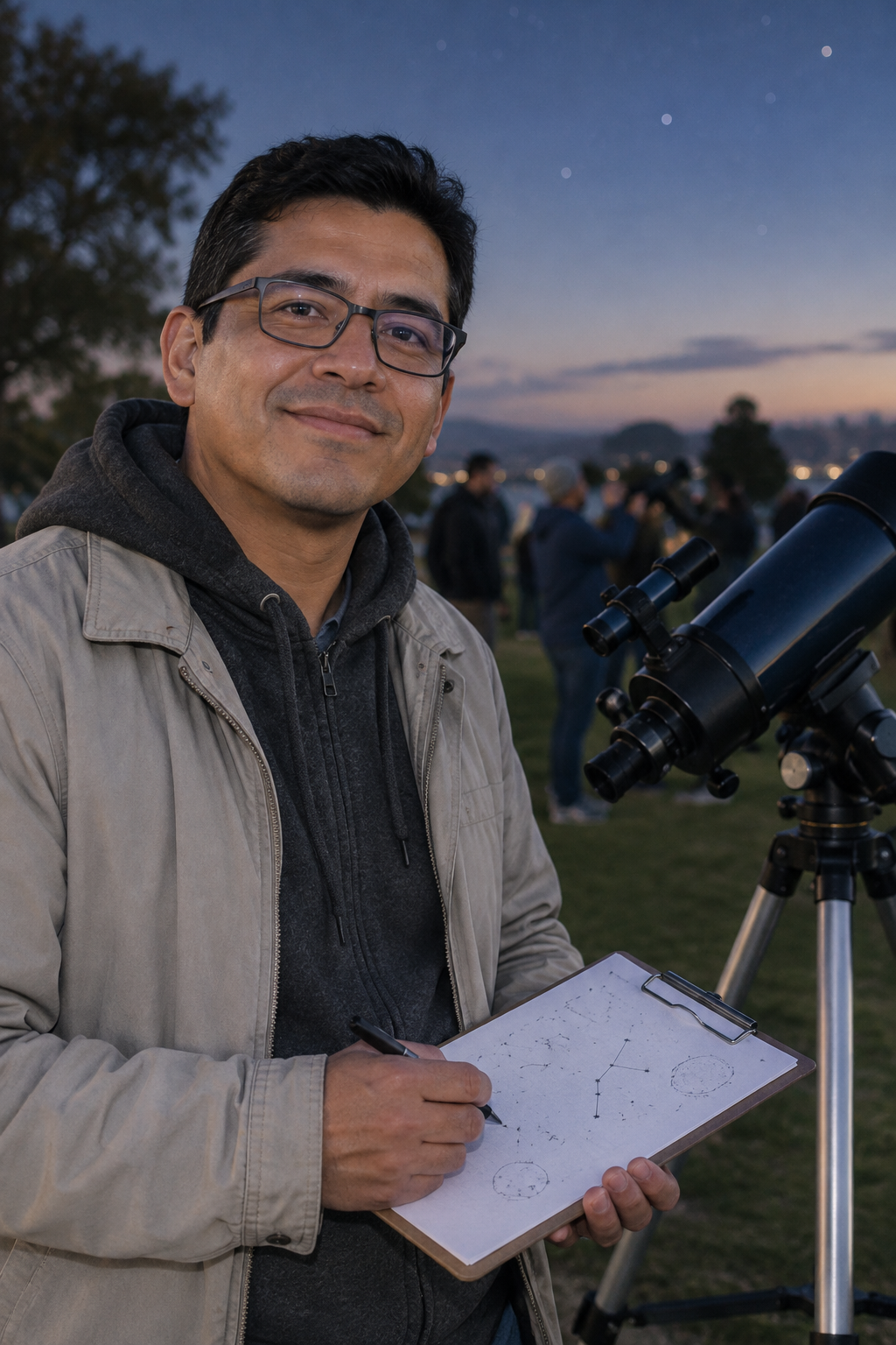 Mateo Ruiz, a casual amateur astronomer with short dark hair and glasses, adjusting a star chart on a clipboard in a dim park setting