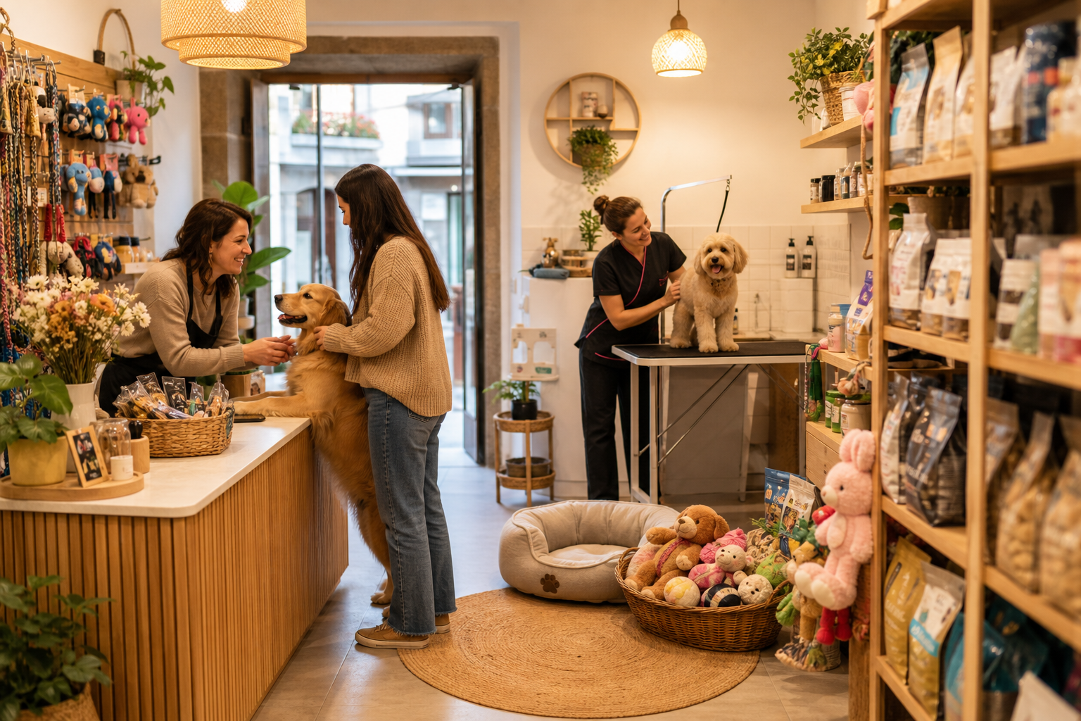 Interior acolhedor de uma loja de animais local em Guimarães, com zona de tosquia suave e foco no bem-estar dos cães