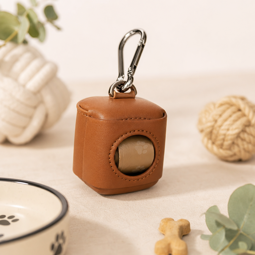 Dispensador castanho de sacos higiénicos para passeios com cães
