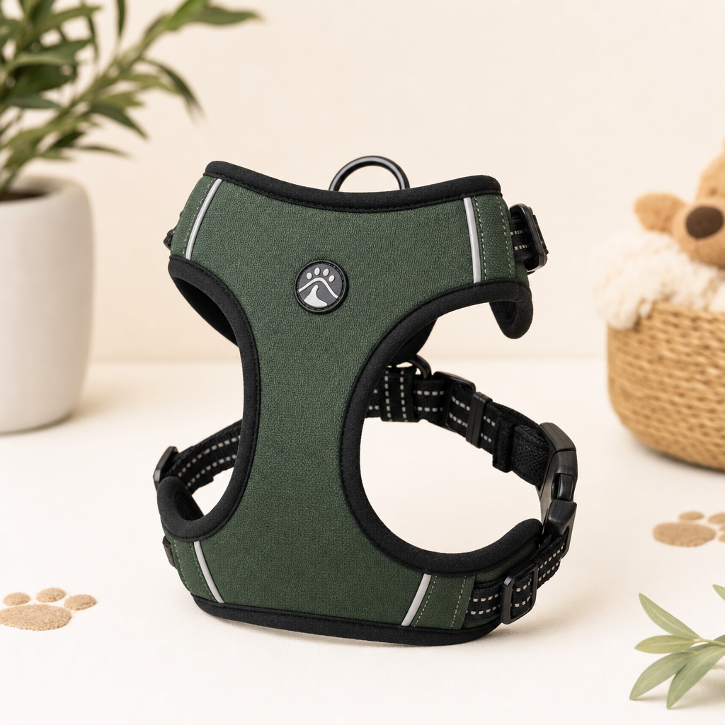 Peitoral refletor verde ajustável para passeio de cães