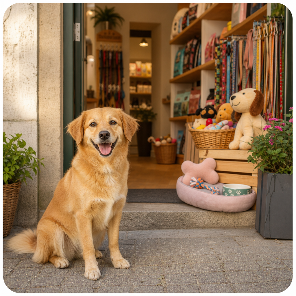 Cão de cor caramelo feliz junto à entrada de uma loja de animais de bairro, com luz natural quente e um ambiente local acolhedor