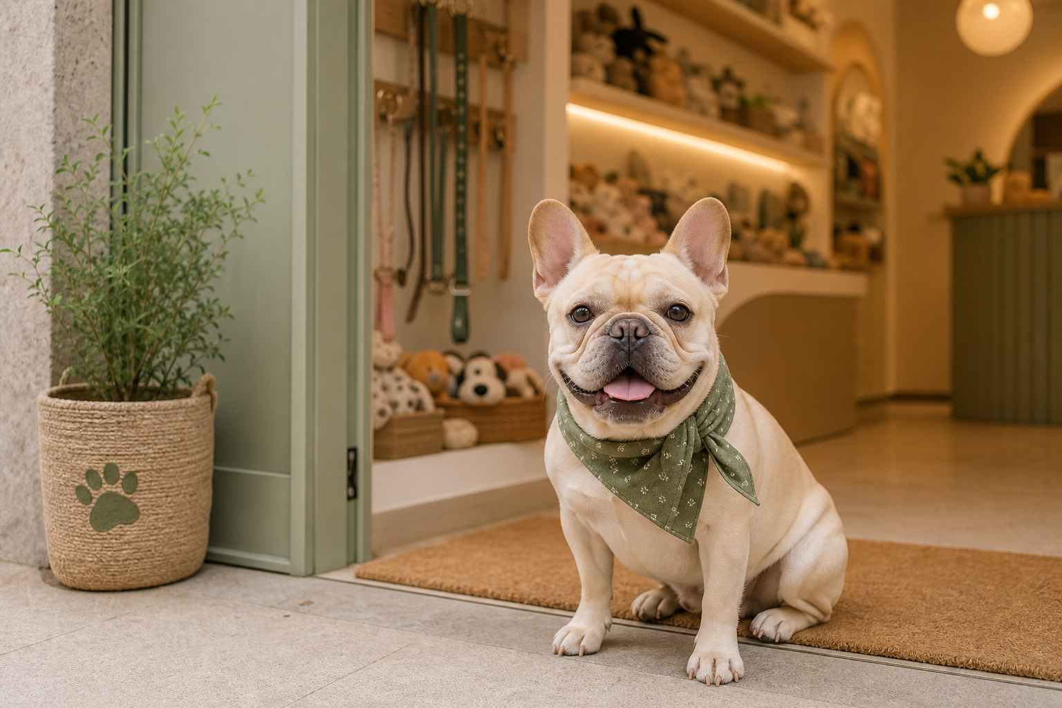 Bulldog francês creme com patas limpas e lenço verde ao pescoço, junto à entrada da loja