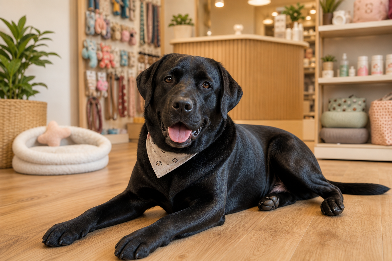 Labrador preto com pelo brilhante após corte higiénico, deitado calmamente no chão da loja
