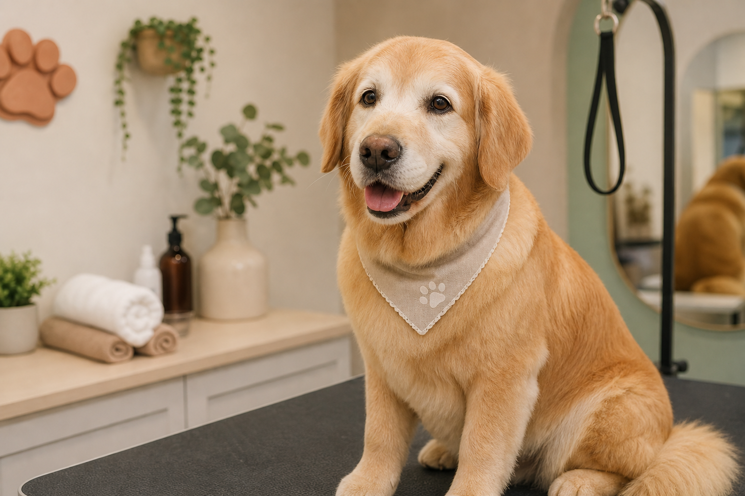 Cão sénior dourado com pelo penteado e olhar sereno, após banho suave e secagem cuidadosa