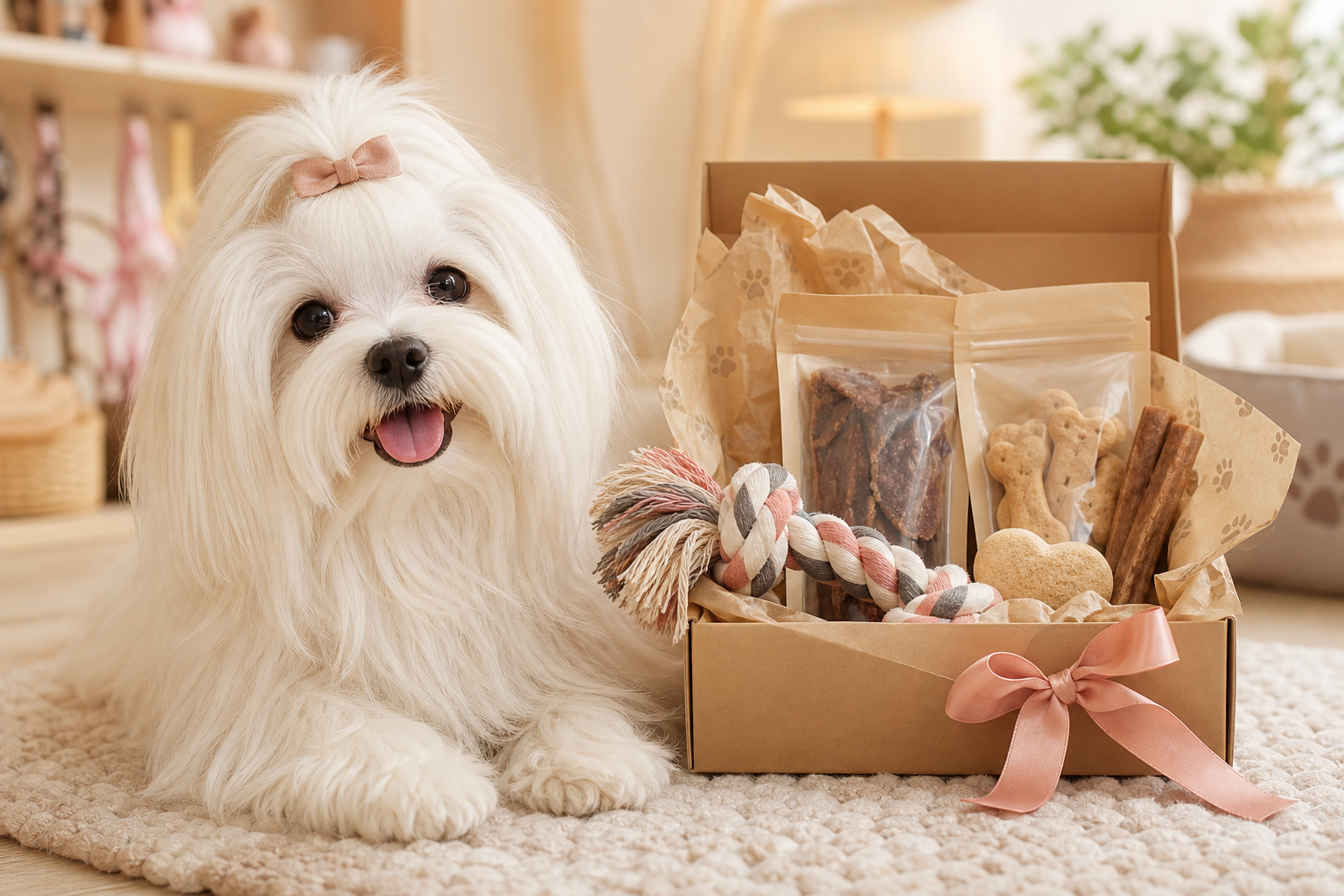 Cadelinha branca de pelo comprido ao lado de caixa de presente com brinquedo e snacks naturais