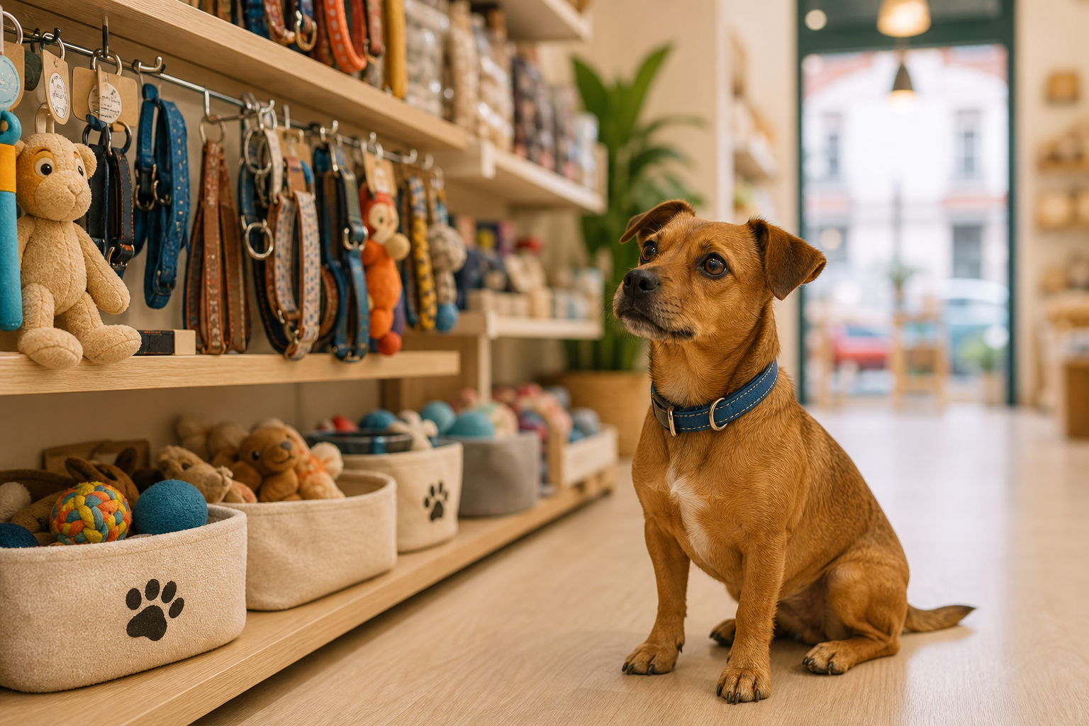 Cão pequeno castanho com coleira azul nova, em pé junto a uma prateleira de brinquedos