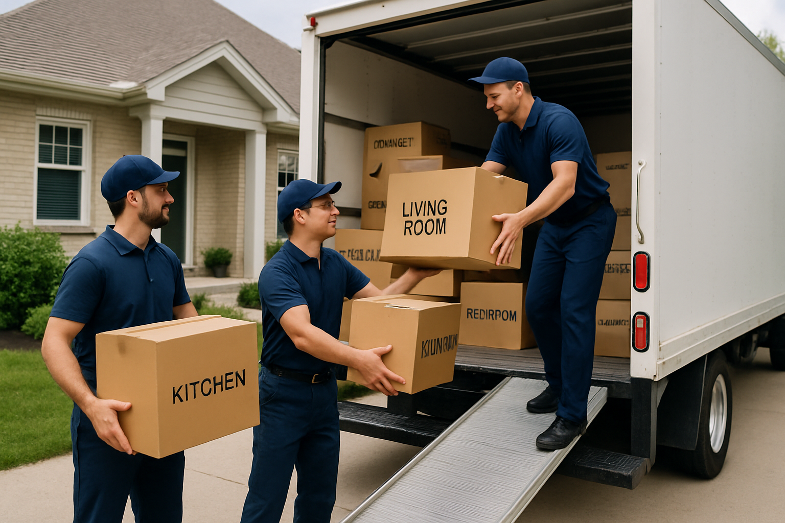Professional moving crew in navy uniforms carefully loading labeled boxes onto a white moving truck outside a suburban home