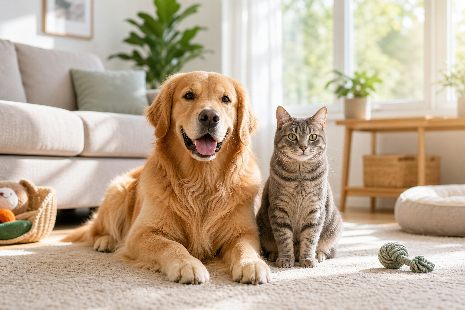 Happy golden retriever and gray tabby cat relaxing together in a bright modern living room with soft natural daylight