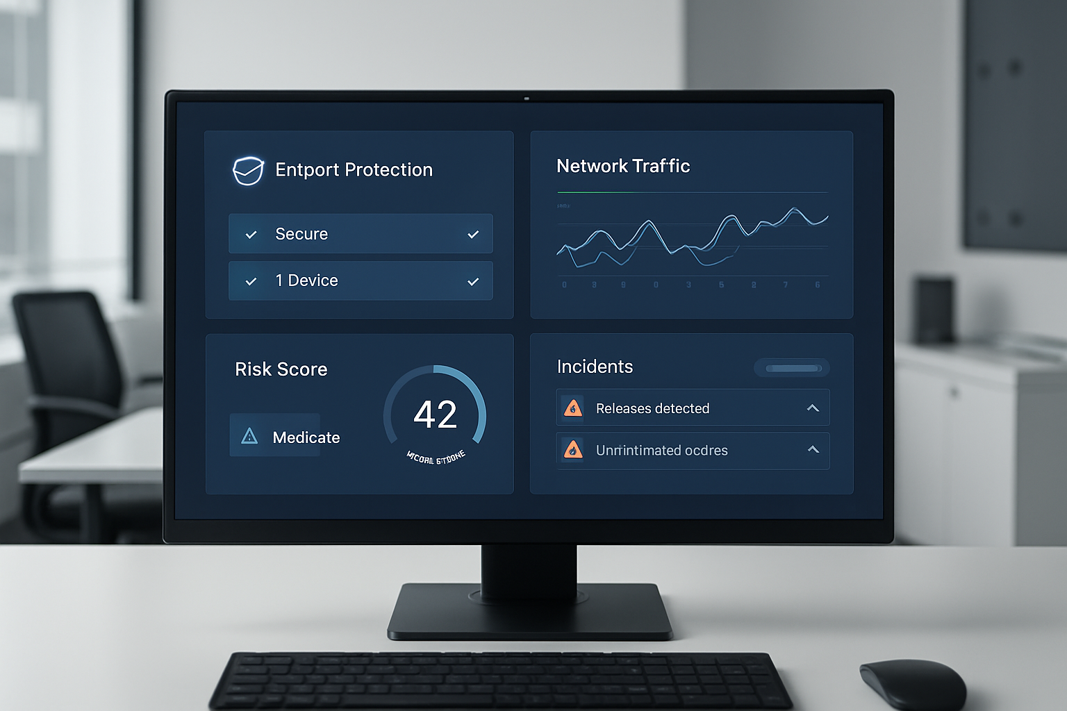 Realistic cybersecurity operations dashboard displayed on a business office monitor with threat metrics, endpoint status charts, and network activity panels in a clean professional environment