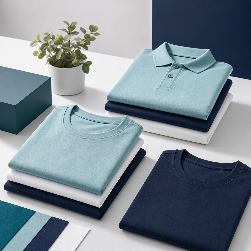 Minimal apparel lineup with folded tees and polos in light teal, navy, and white on a clean studio table