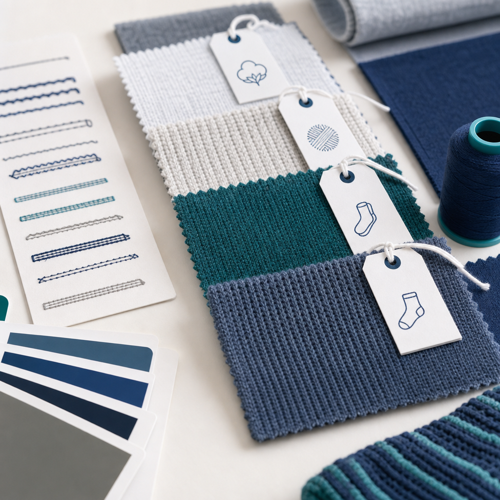 Close-up of customized textile swatches with labeled tags and stitching samples on a design board