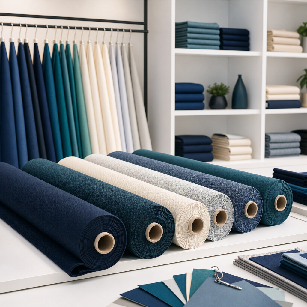 Selection of fabric rolls in navy, teal, and cream arranged in a sourcing showroom