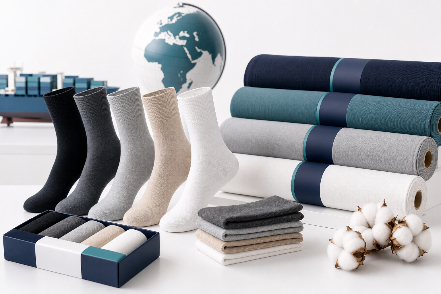 Premium cotton socks and neatly wrapped textile rolls arranged in a modern export-ready showroom