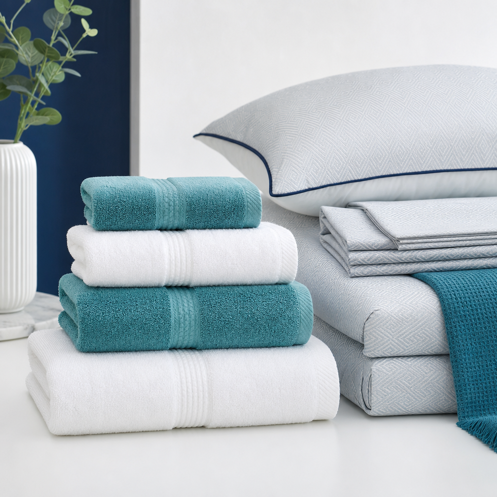 Neatly folded white and teal bath towels stacked beside a textured bed linen set