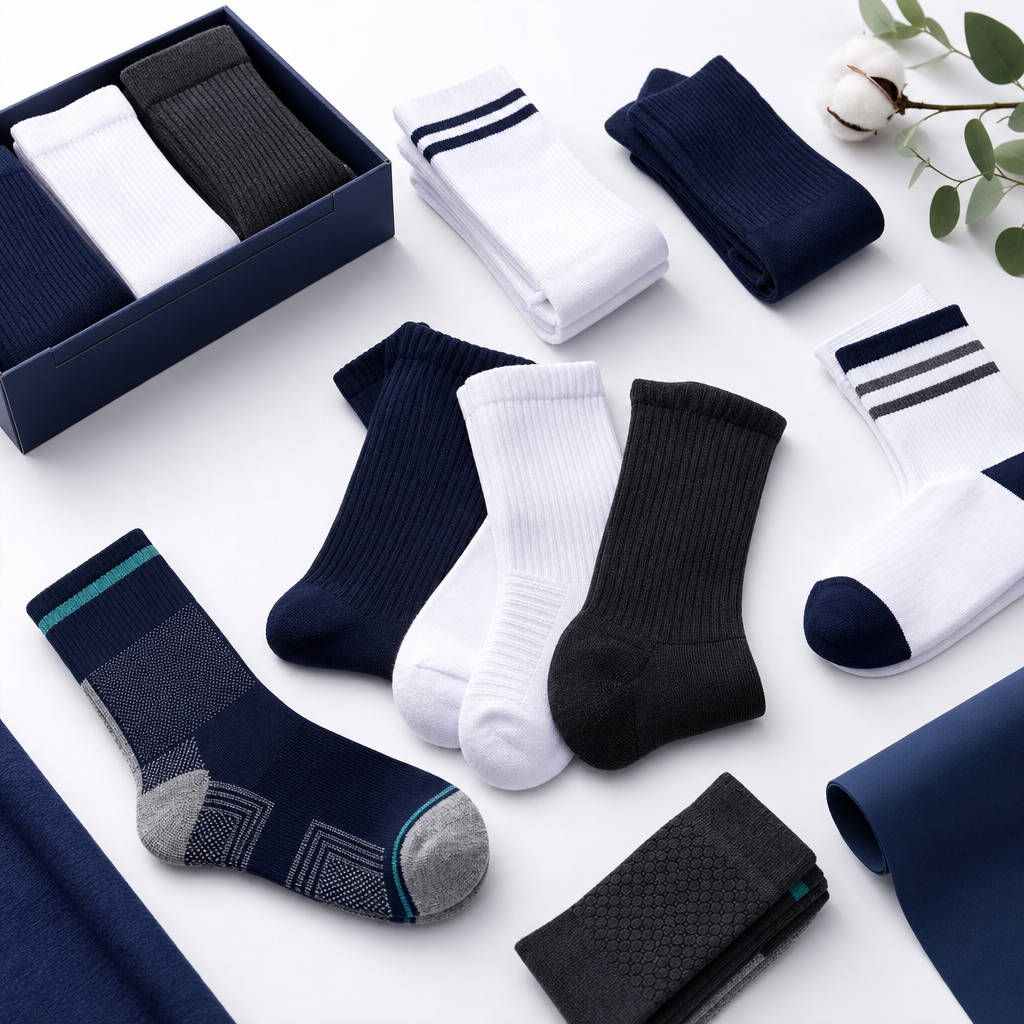Assortment of premium crew and athletic socks in navy, white, and charcoal arranged for export-ready presentation