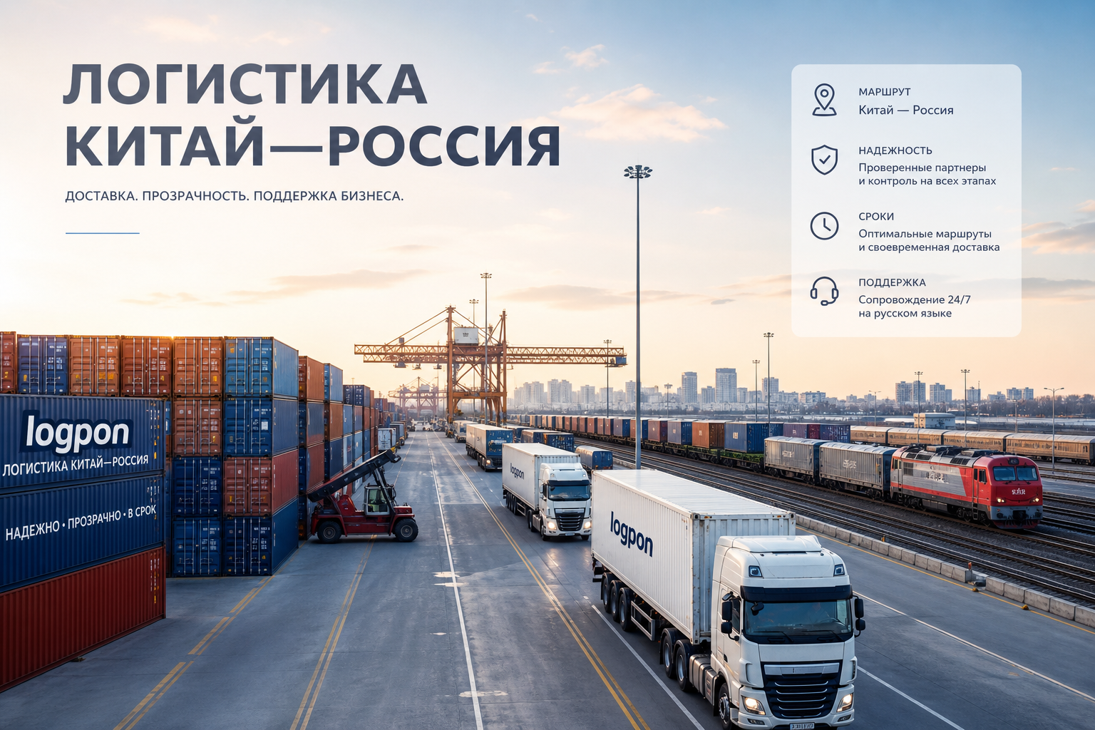 Панорамный вид логистического терминала с контейнерами, грузовиками и железнодорожной линией на маршруте Китай—Россия