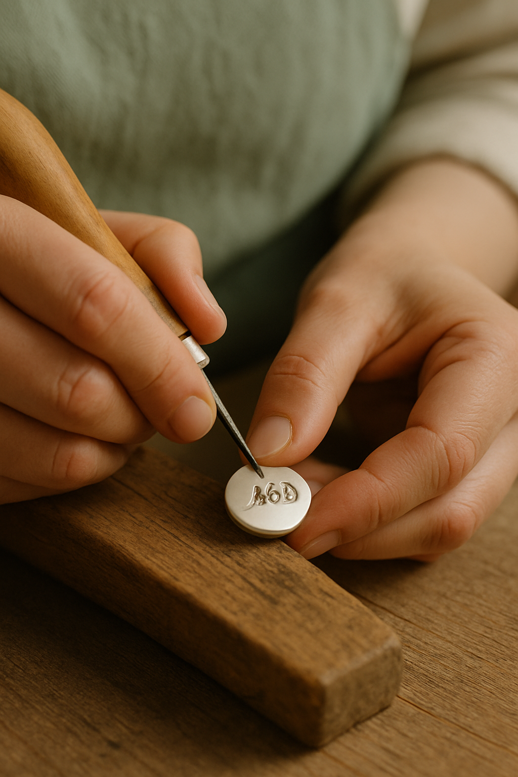 Artisan hand engraving initials onto a polished silver pendant