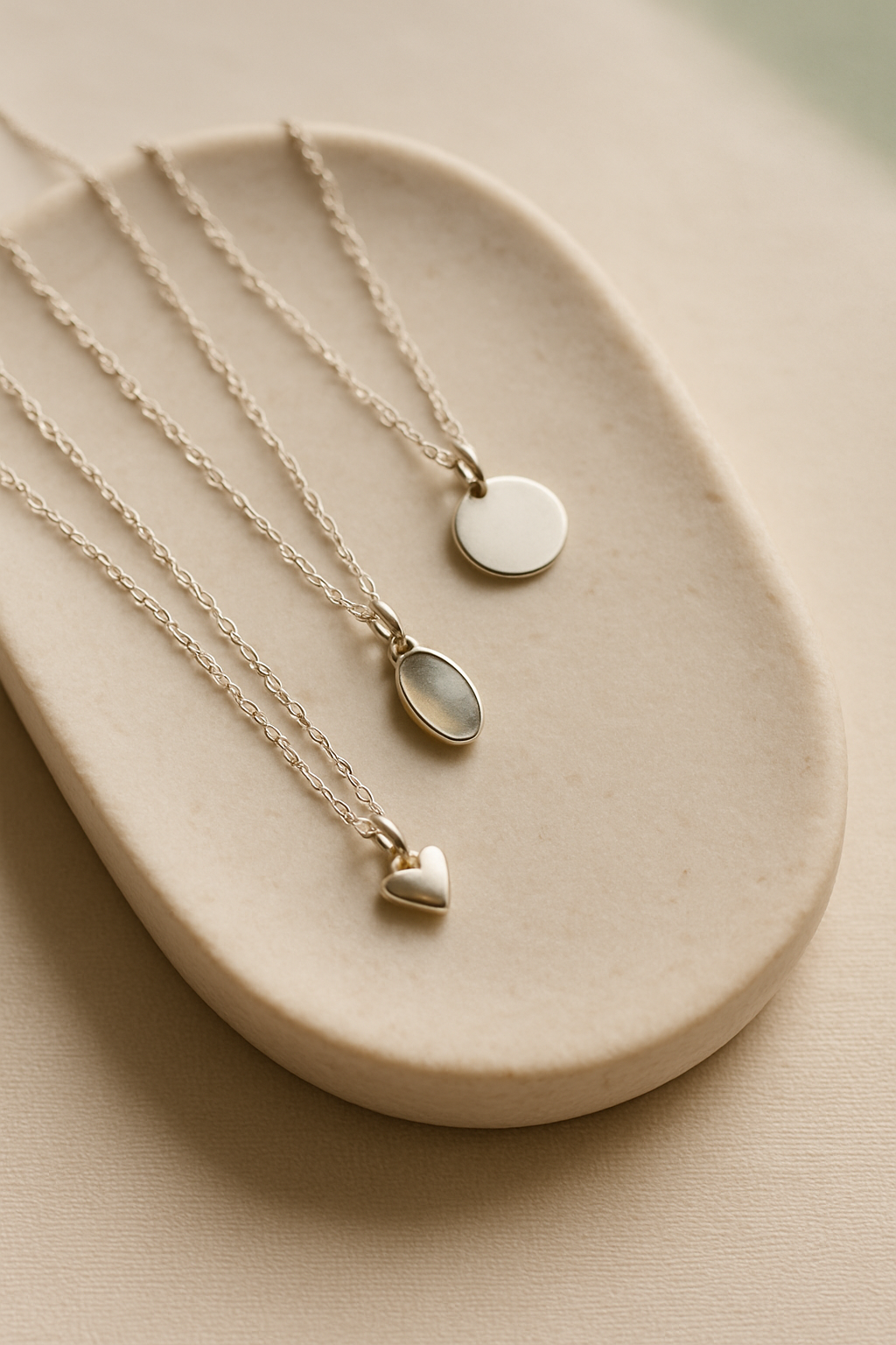 Layered fine silver chain necklaces draped on a stone tray