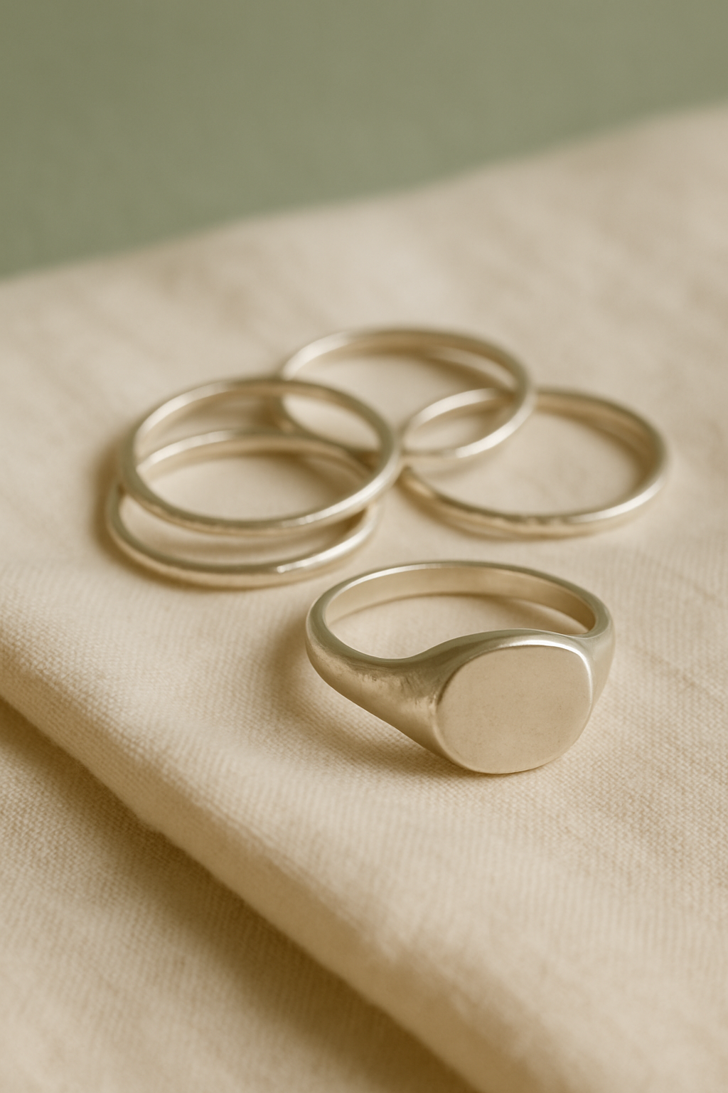 Handmade silver stacking rings arranged on warm linen