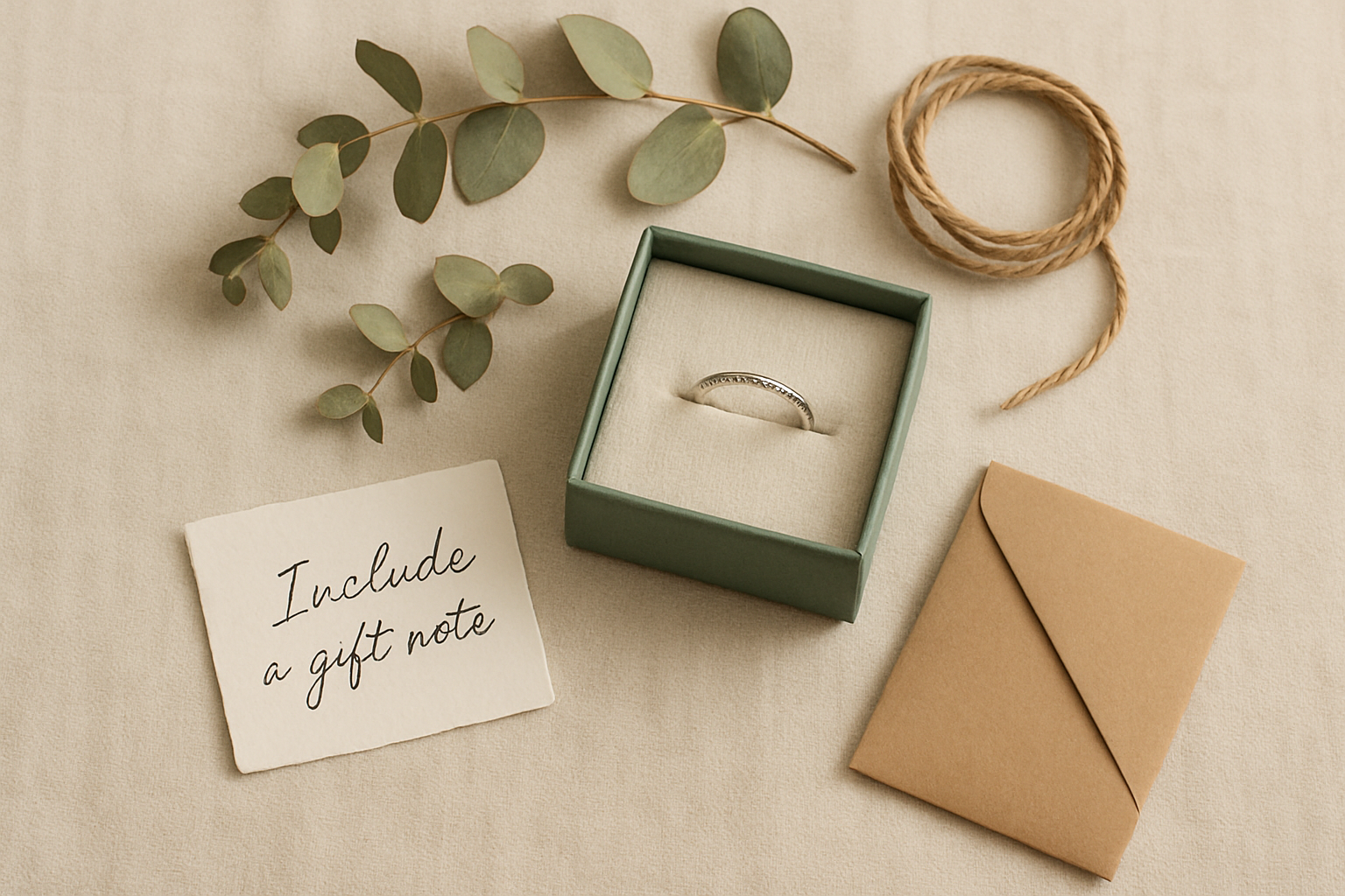 Editorial flatlay of opened jewelry box revealing a silver ring on linen, with handwritten note card and dried botanicals